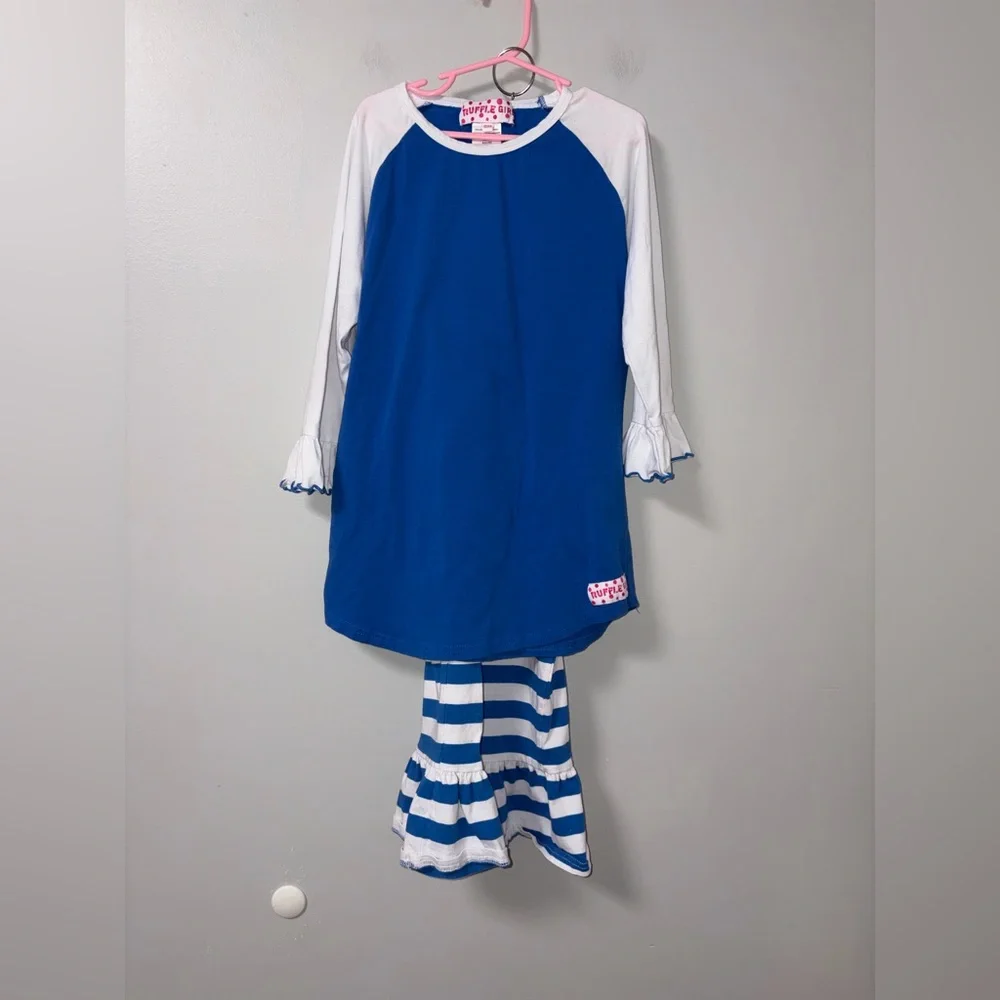 Ruffle Girl‎ blue white striped sporty girl set ruffles wide leg girls 12/14